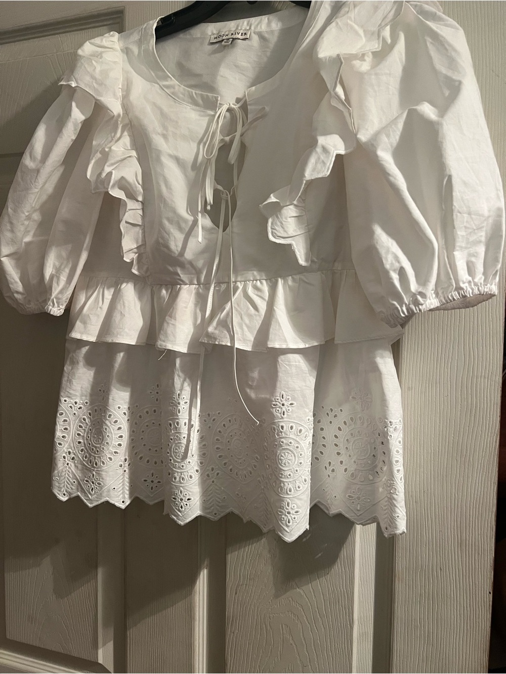 Moon River White Ruffle Eyelet Peasant Blouse